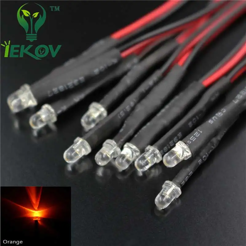 50 шт. LED 3 мм диод Предварительно проводной резистор 12 в оранжевый яркий светодиод