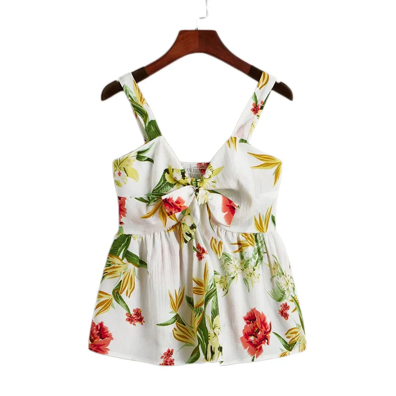 Dotfashion Beige Floral Print Tie Front Shirred Back Cami Tops For Women Summer Casual Clothing Vest Ladies Cute Camisole