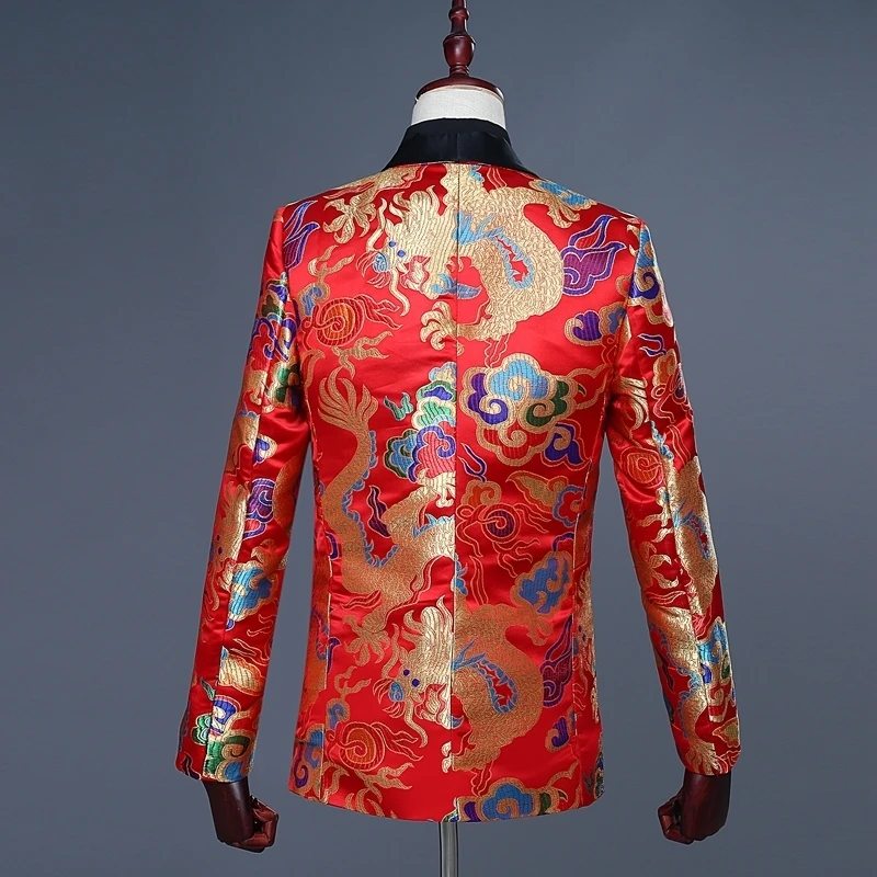 Мужской Красный жаккардовый блейзер в китайском стиле с вышивкой дракона