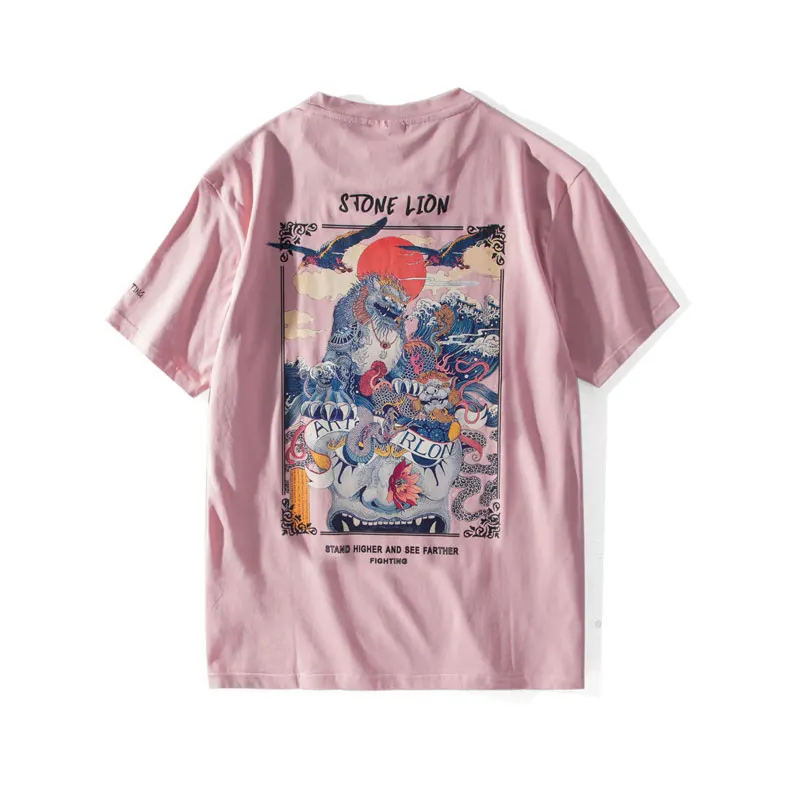 Pink GONTHWID, уличная футболка с изображением китайского каменного льва,, мужские повседневные уличные футболки в стиле Харадзюку, хип-хоп, мужские хлопковые футболки, топы - Цвет: Pink