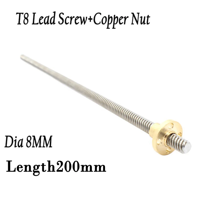 

2pcs Length 200mm T8 Lead Screw/threaded rod Dia 8MM Pitch 2mm with free brass Copper Nuts for Prusa I3 3D printer&CNC parts