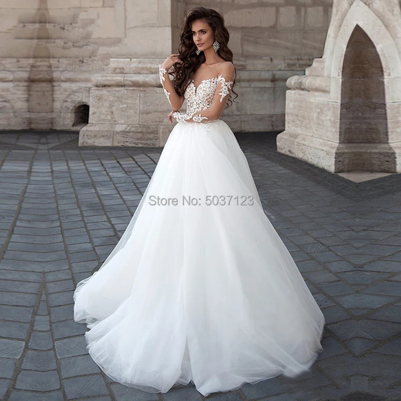 

A Line Wedding Dresses 2022 Sweetheart Long Sleeves Tulle Lace Appliques Illusion Bridal Wedding Gown Vestido De Noiva Custom