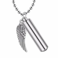 men sport stainless steel jewelry pill case holder cylinder ashes urn pendant angel wing charm cremation memorial necklace