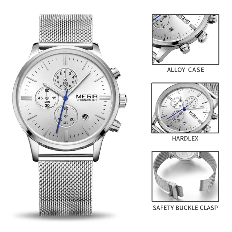 MEGIR оригинальные мужские s часы лучший бренд класса люкс стильные мужские часы из нержавеющей стали сетка хронограф с ремешком военные кварцевые часы