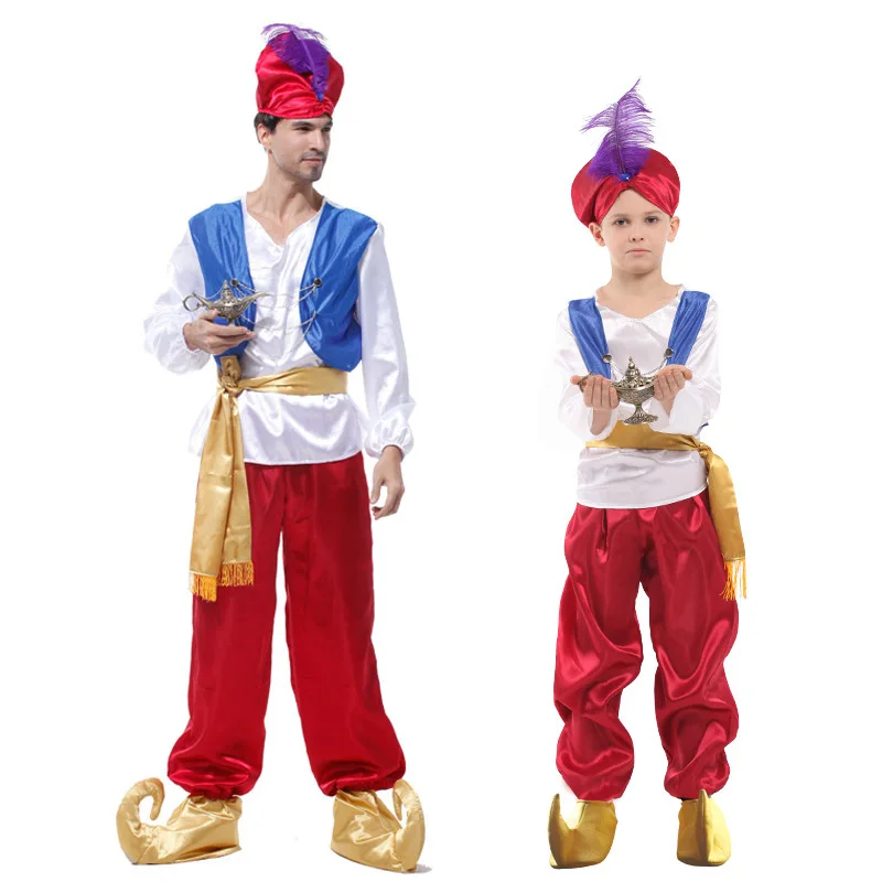 Adult Children Halloween Party Aladdin Costumes Boy Aladdin Lamp Genie Costume Adam Prince Fantasia Party Arab Clothing for Kids