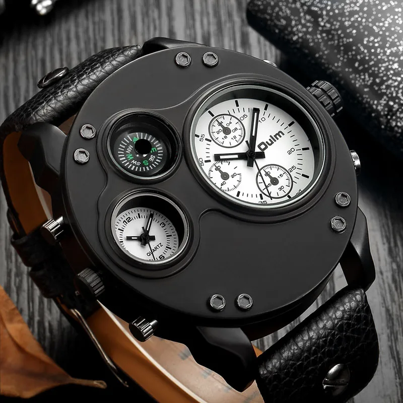 

Luxury Brand Men Watches Oulm Men Sport Watches Two Time Zone Wristwatch Decorative Compass Male Quartz Watch relogio masculino