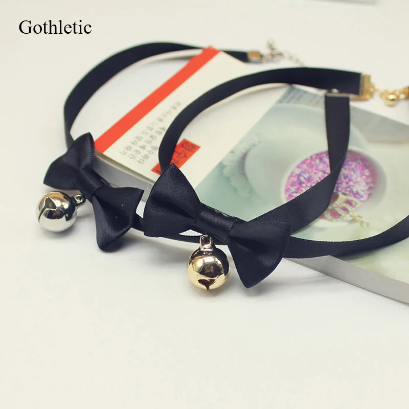 Модный кавайный чокер с бантом из ленты позолоченный/родиевый кулон колокольчик