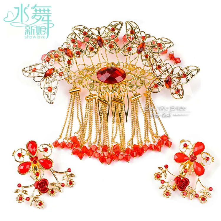 Bridal wedding jewelry classical step shake red fringed hair lighter plug extravagant costume princess jade hairpin accesso | Украшения и