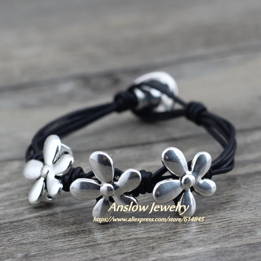 black leather Anslow модные ювелирные изделия лучший друг дружба Винтажные Цветы кожаный браслет для женщин Рождественский подарок LOW0616LB - Окраска металла: black leather