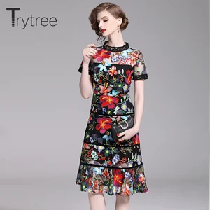 Trytree Summer Casual Embroidery Floral Dress Polyester Knee-Length Lace Stand Collar Women Dresses High Street Hollow Out Dress