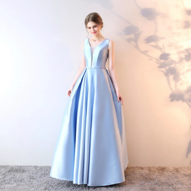

Sweet Pink/Blue Satin V-neck Beading Lace Vestidos De Festa Appliques With Bow A-line Prom Dresses Robe De Soiree Evening Gowns