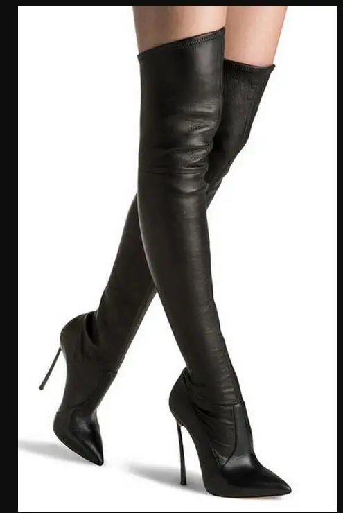 as picture Chaussures femme; кожаные чулки Сапоги выше колен с красным шаговым швом; женские зимние сапоги; высокие непромокаемые эластичные сапоги на высоком каблуке - Цвет: as picture