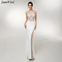 janevini chic white mermaid sequined bridesmaid dresses with crystal beaded v neck high split sexy prom gowns formal party wear