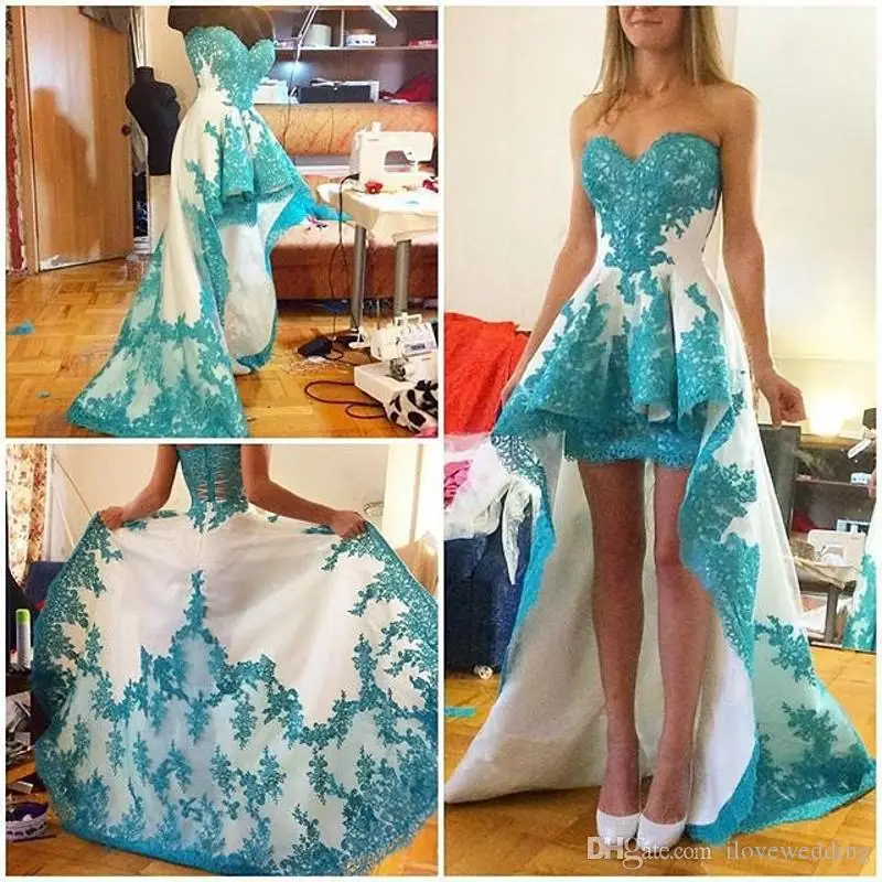 Реальные Изображения Высокая Низкая Пром Dress 2017 Sweet Бирюзовый Кружева Аппликация