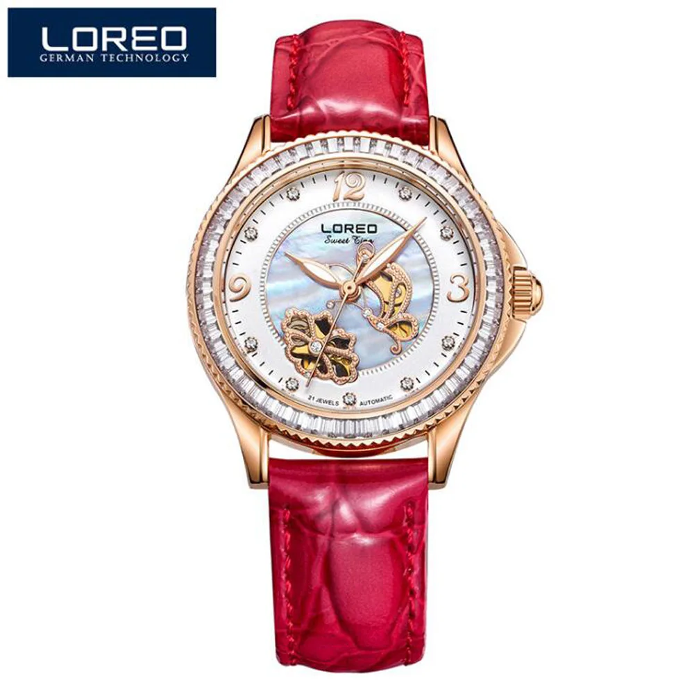 Leather Red Женские Механические часы со скелетом и сапфировым кристаллом от роскошного бренда LOREO, женские автоматические механические часы, женские часы с бриллиантами - Цвет: Leather Red