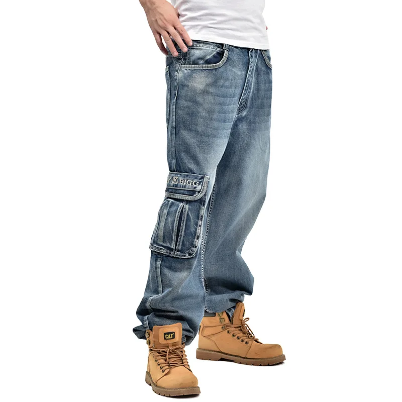 Мужские синие мешковатые джинсы с боковыми карманами в стиле хип хоп|jean paul|skateboard