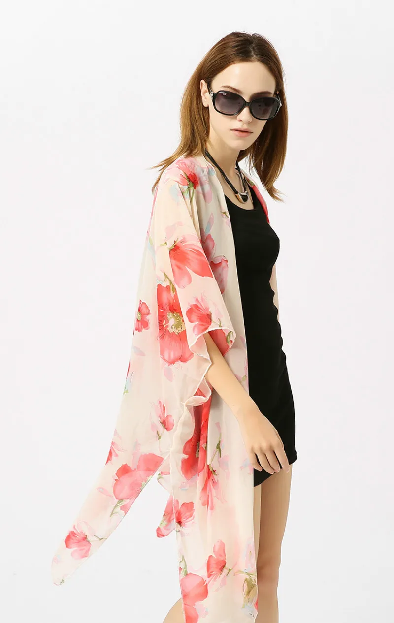 Пляжное пальто из шифона с принтом Маки пляжный кардиган солнцезащитным