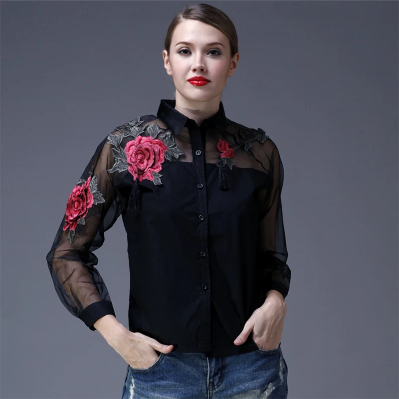2017 Весна 3D вышивка цветок женская рубашка сексуальная Перспектива органза сетка
