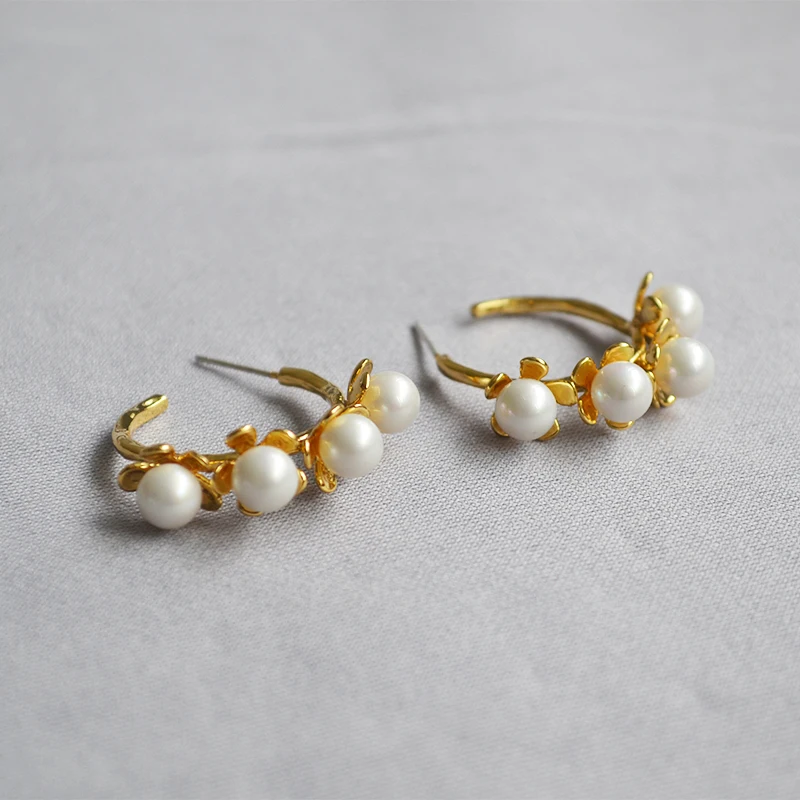 French crowd original gold bloom flowers inlaid Pearl goddess temperament fashion matching earrings | Украшения и аксессуары