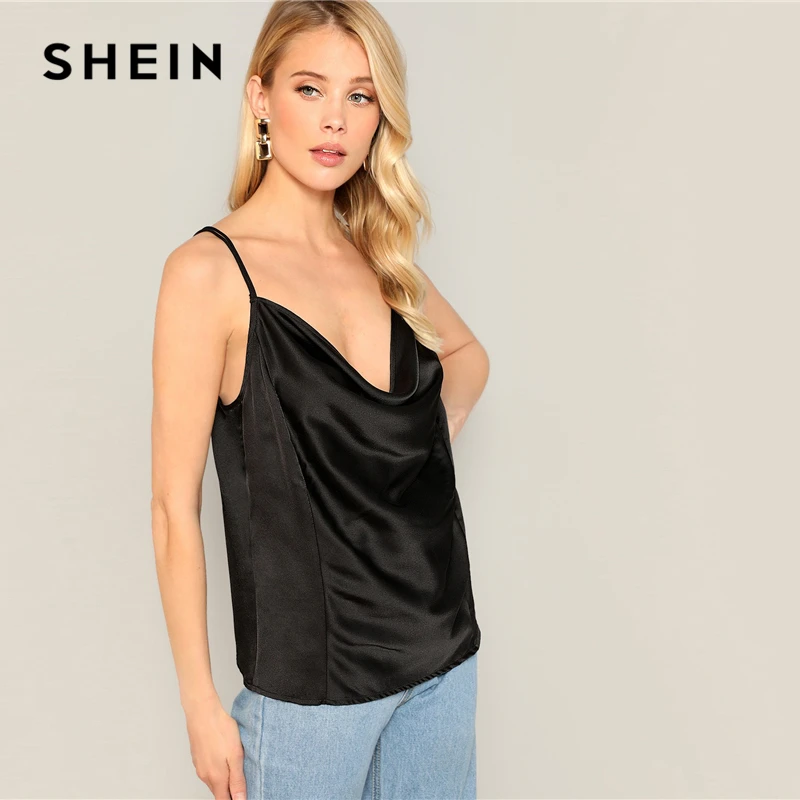 SHEIN черный топ с перекрещивающимися лямками сзади и драпировкой спереди, Атласный топ, женская летняя майка на бретельках с v-образным вырезом, одноцветные Гламурные сексуальные топы на бретельках