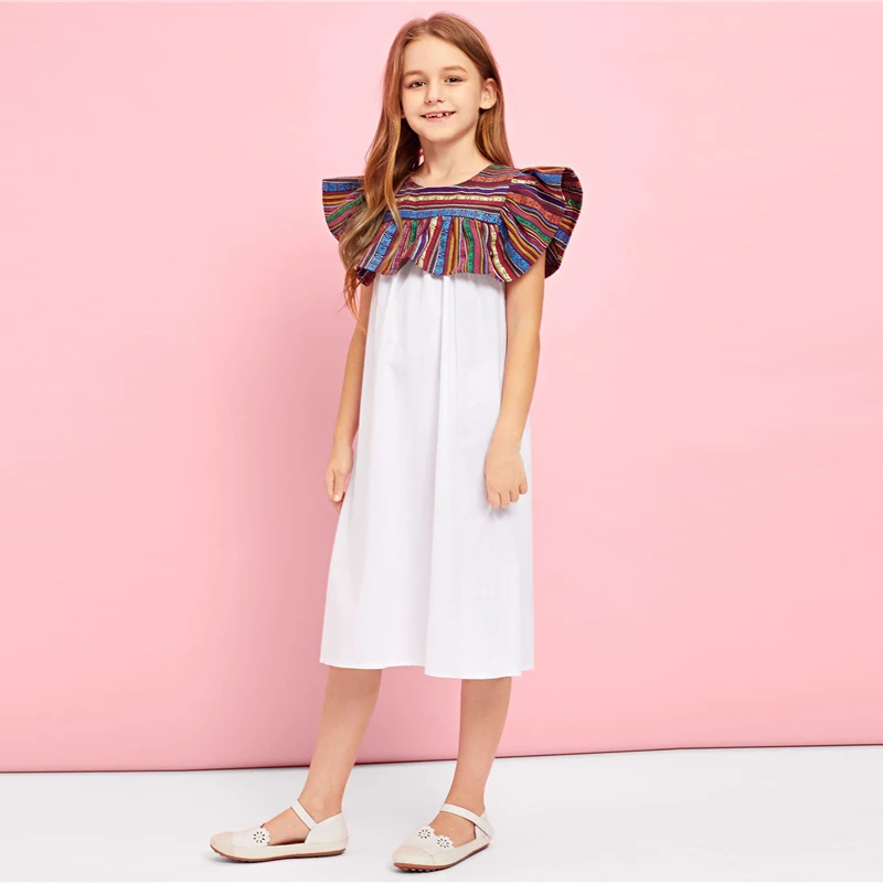 SHEIN Kiddie/белое платье с вырезом-замочкой на спине и контрастными пуговицами для девочек-подростков; вечерние платья для девочек; коллекция года; сезон лето; платье-трапеция без рукавов для девочек