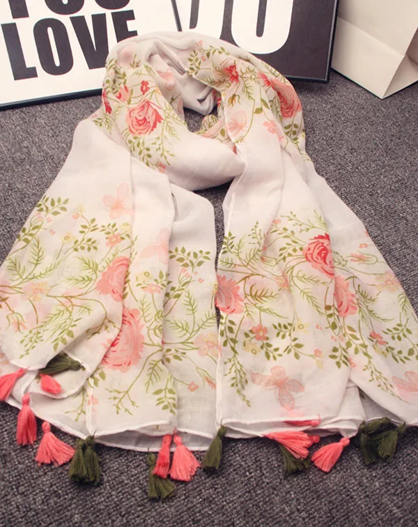 

Летний цветочный шарф с кисточками для женщин; Хлопковые шали из вискозы с декором в виде цветка, с принтом хиджабы в полоску модные женский ...