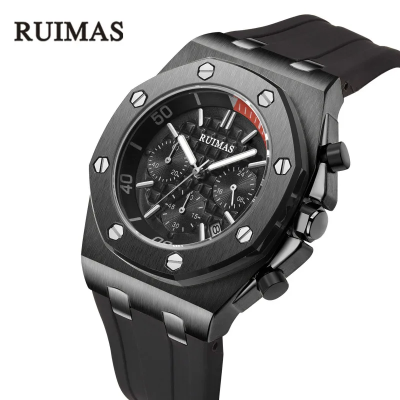 Ruimas повседневные спортивные часы для мужчин черный топ бренд класса люкс военные кожаные Наручные часы мужские часы модные хронограф наручные часы