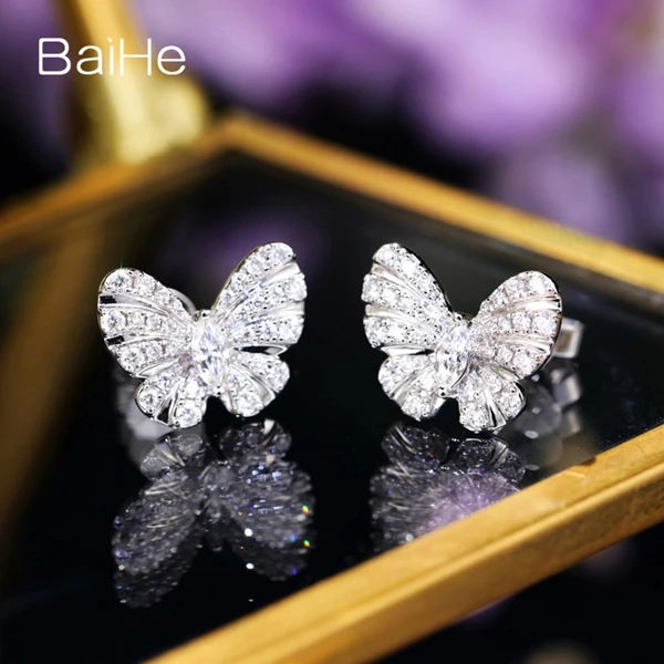 BAIHE Solid 14 K белое золото 0.38ct H/SI натуральные Алмазы обручальные женские модные ювелирные изделия Уникальные серьги-гвоздики