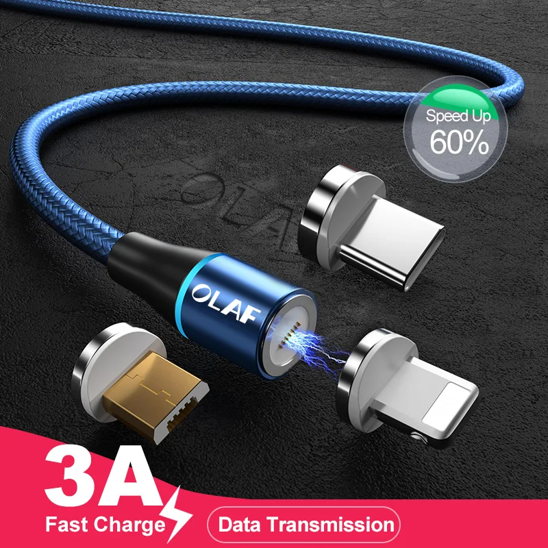 Олаф светодиодный магнитный кабель 3A для iPhone samsung huawei Xiaomi Micro usb type c Quick Charge 3,0 Быстрый Магнитный usb-кабель для зарядки