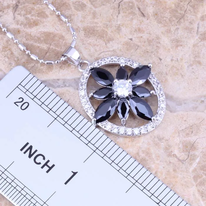 Enjoyable Black Cubic Zirconia White CZ Silver Plated Earrings Pendant Necklace Jewelry Sets S0738 | Украшения и аксессуары