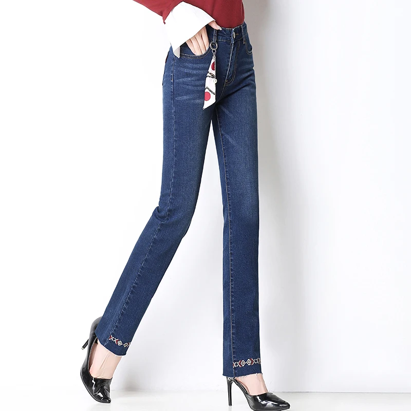 

Brand Pants Women 2019 New Embroidery High Waist Straight Jeans Lady Dark Blue Elastic Skinny Full Length Plus Size Trousers