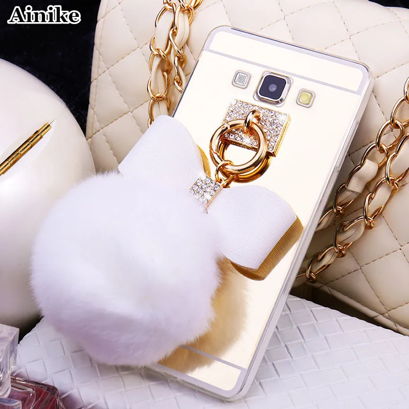 Ainike Diamond Mirror TPU With Pendant Rabbit Fur Ball Tassel Phone Case Cover For Samsung Galaxy S8 Plus A320 A520 J7 C9 C8 A8 |