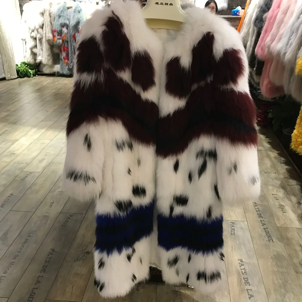 Женское длинное пальто из лисьего меха трикотажное | Женская одежда