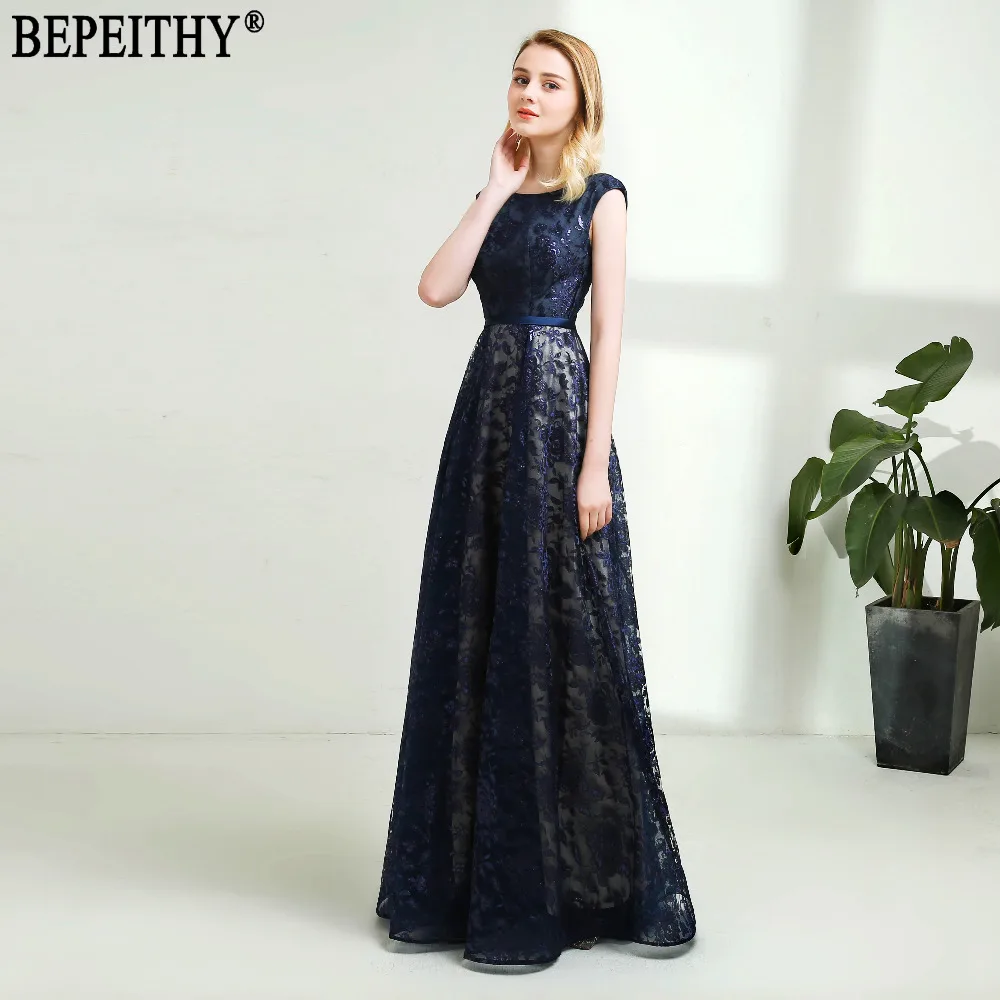 Женское вечернее платье BEPEITHY темно-синее кружевное с длинным рукавом и поясом 2019