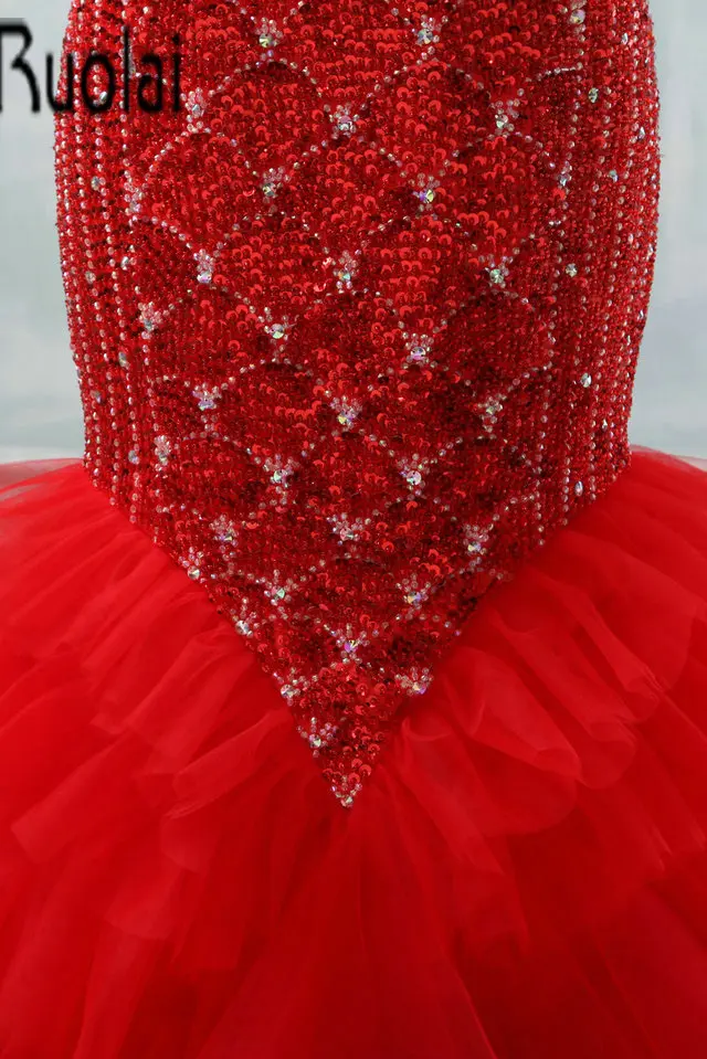 2017 New Arrival Red Sleeveless Sweetheart Heavy Beaded Sequined Sexy Open Back Mermaid Evening Dresses Lace Up Back Customize