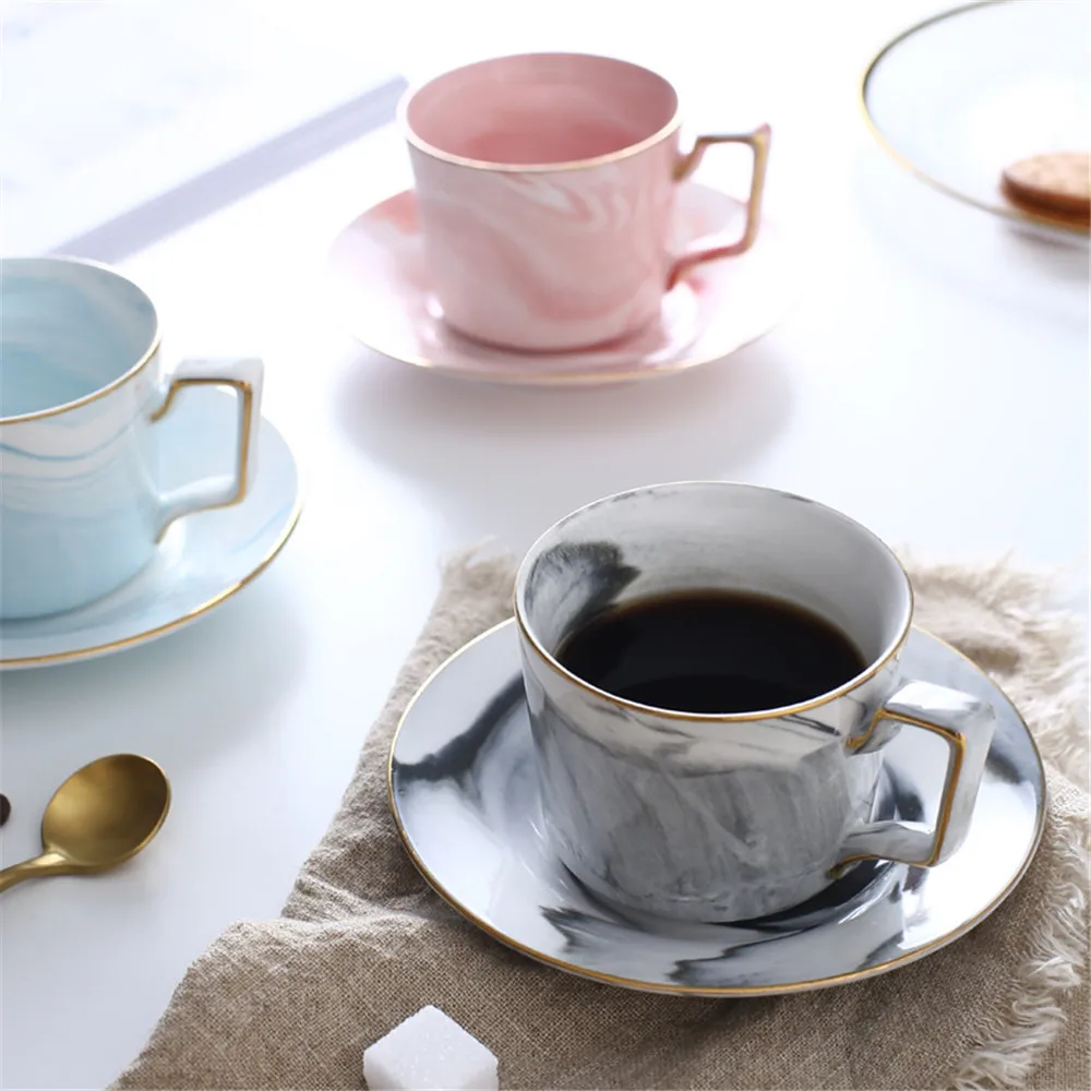Marbled Ceramic Tea Cup and Saucer Set Scandinavian Coffee Suit Handpainted Gold Rim Couple Milk Mug | Дом и сад