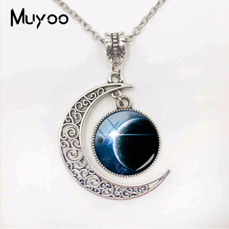 New Fashion Galaxy Space Fashion Plated Glass Cabochon Moon Necklace Handmade Jewelry Pendants for Women Jewelry Gifts images - 6