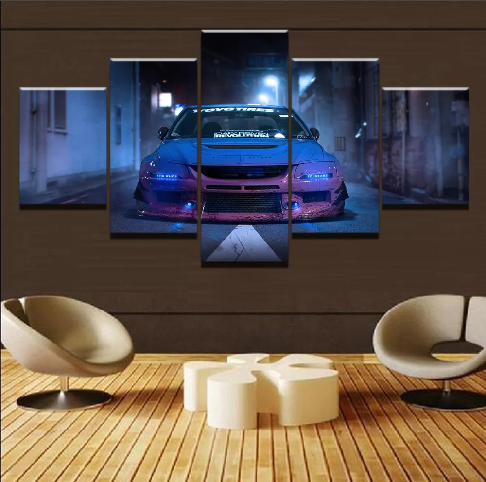 Модульная картина HD 5 шт. синяя Автомобильная Mitsubishi Lancer Evolution Спортивная Картина