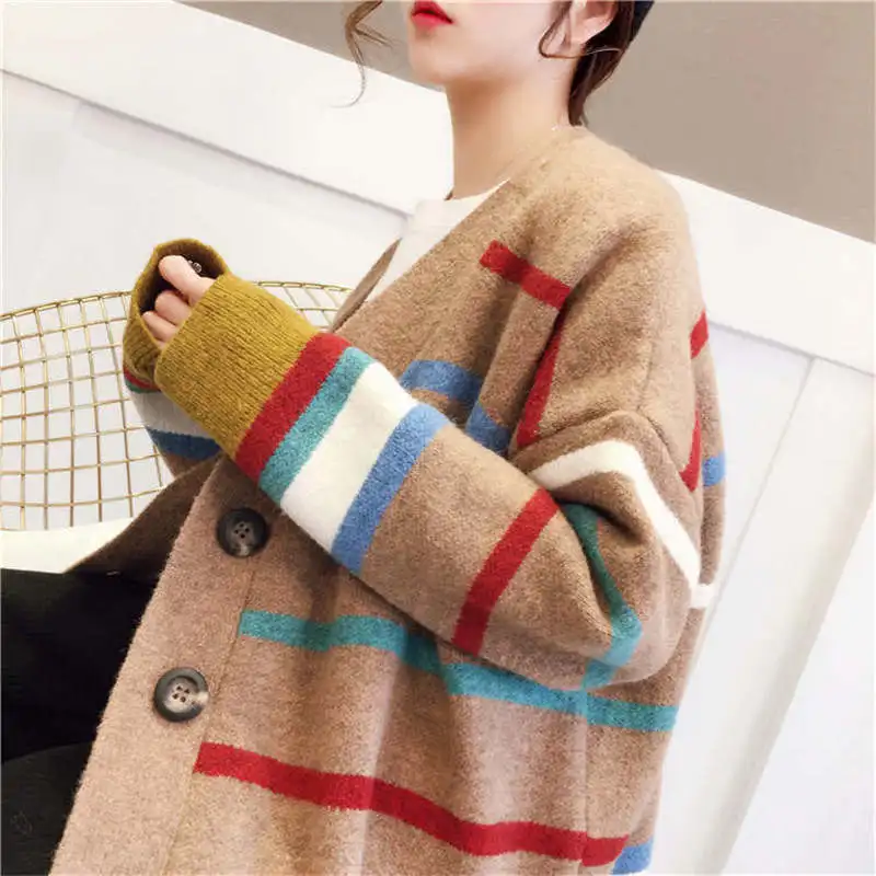 Cardigan Coat Autumn Sweater Knitted Casual Coats Female Print Striped Cardigans For Ladies Loose Women |