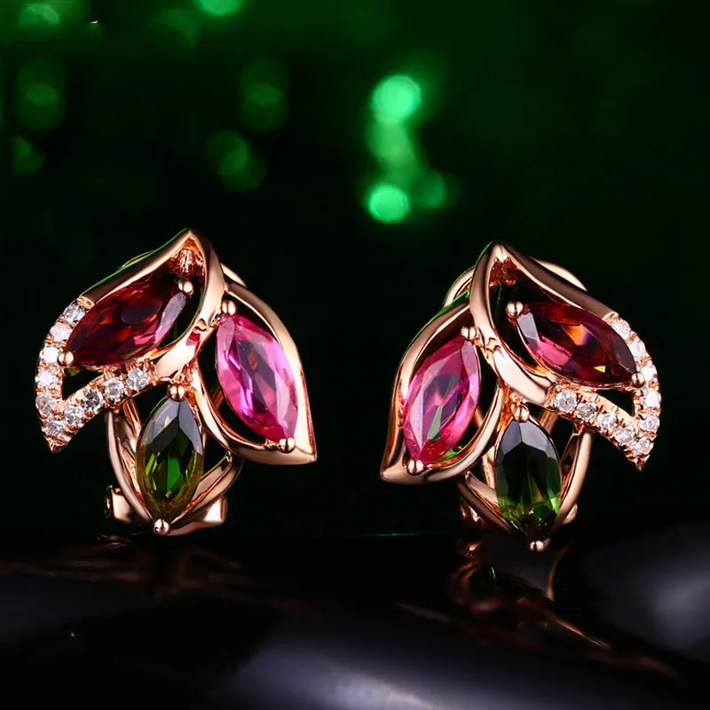 

New Arrival Cubic Zirconia Rose Gold Color Bohemia Flower Petal Red Stone Earring Jewelry for Women Girls Wedding Party Gifts