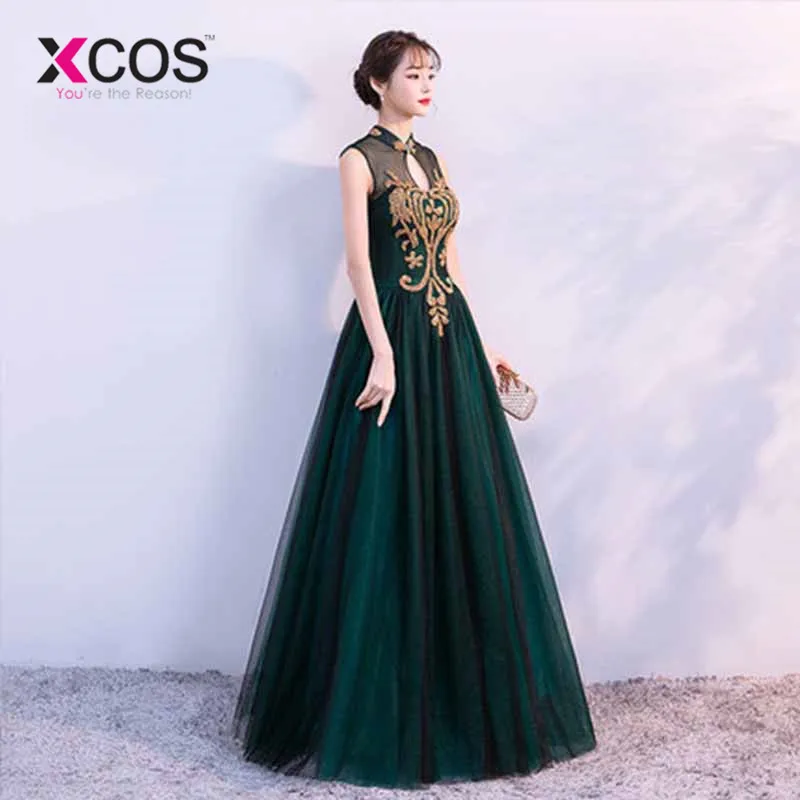 XCOS темно зеленые платья размера плюс вечерние кружевные длинные элегантные