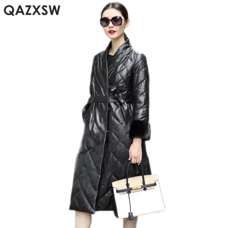 QAZXSW куртка из натуральной кожи Новая модная зимняя женская Норковое Пальто больших размеров с меховым рукавом кожаная дубленка LH1283