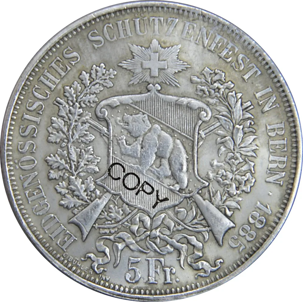 Switzerland 1885 Берн 5 Франкен съёмка фестиваль Thaler медная Посеребренная Имитация монеты