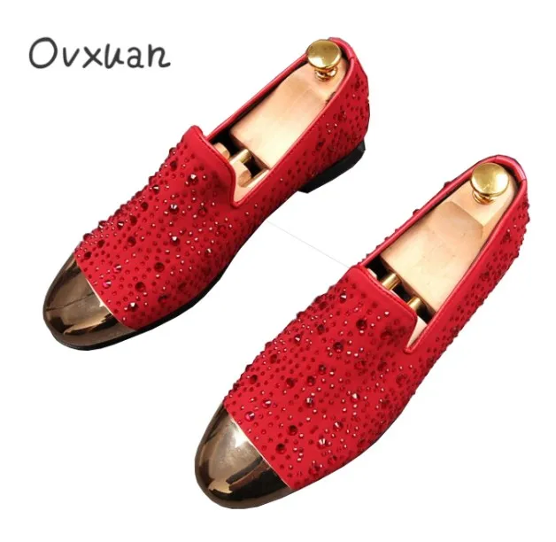 Красный Ovxuan яркий rhinestone Для мужчин повседневная обувь на плоской подошве с металлическим носком красные свадебные туфли мужские лоферы модные и банкета Мужские модельные туфли - Цвет: Красный
