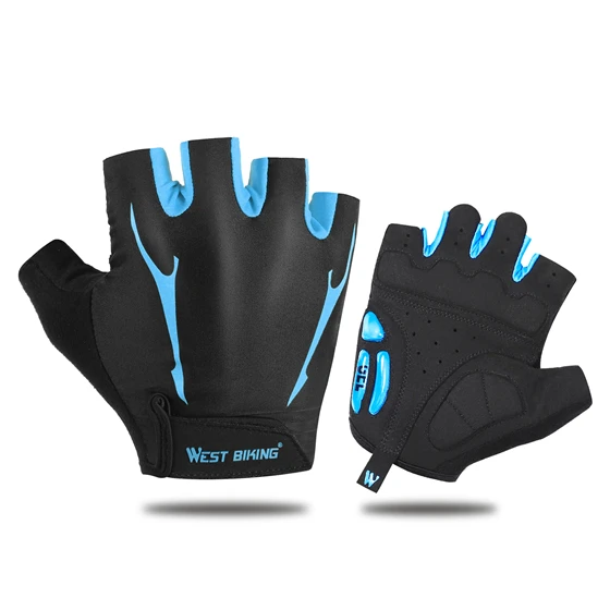 Blue Half Finger WEST BIKING перчатки для велоспорта, гелевые велосипедные перчатки с полупальцами, мужские и женские спортивные Нескользящие противоударные велосипедные перчатки - Цвет: Blue Half Finger