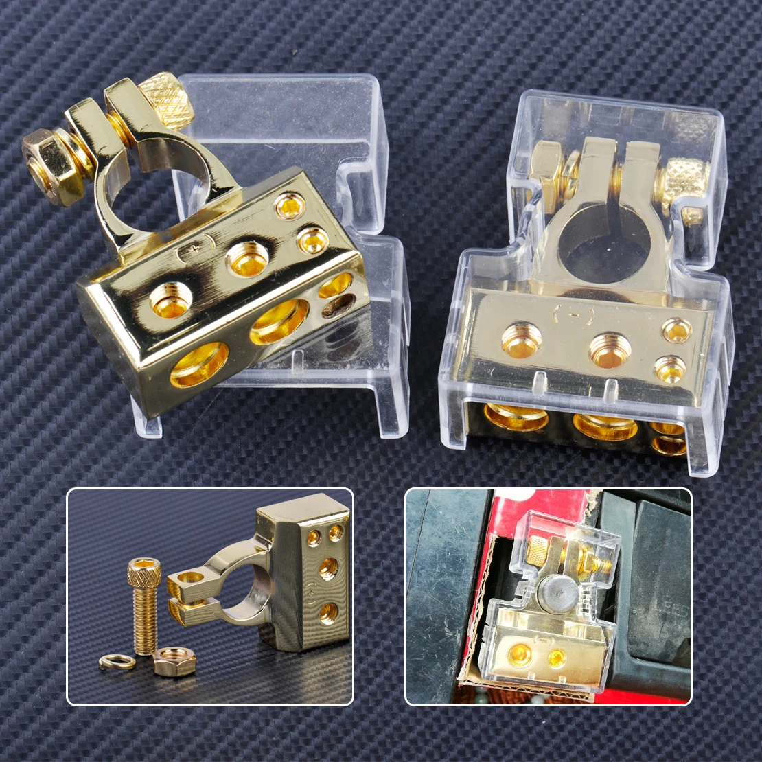 

CITALL 2pcs Gold zinc alloy 2 4 8 Gauge AWG 12V Positive & Negative Car Battery Terminal Clamp Connector with Cover