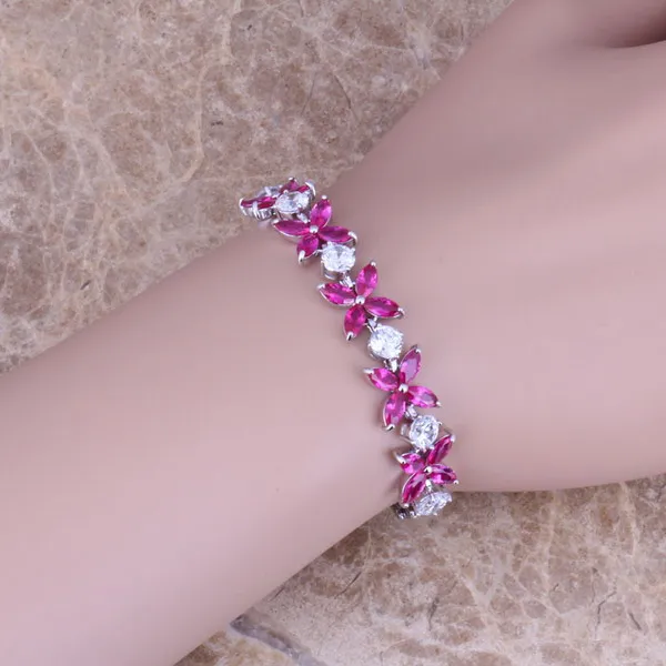 Редкий Красный кубический цирконий Белый CZ цельный посеребренный браслет