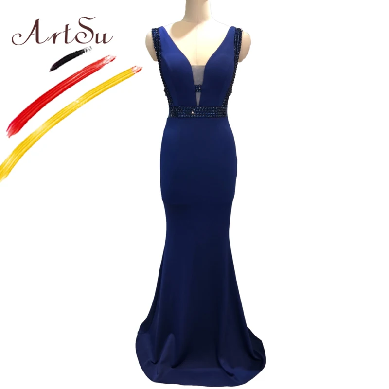 ArtSu модный 3D Хрустальный халат, украшенный бисером De Soiree синие длинные вечерние платья Русалка женское сексуальное платье с v-образным вырезом длиной до пола для выпускного вечера Vestidos - Цвет: Тёмно-синий