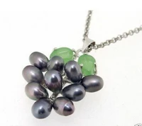 2016 new black natural freshwater pearl green jadeite grape shape pendant necklace