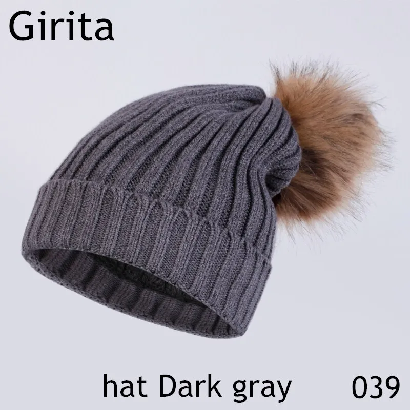 Girita, женская вязаная шапка зима, шапки, флисовые вязанные шапочки с помпоном, меховые женские теплые шапки - Цвет: hat Dark gray